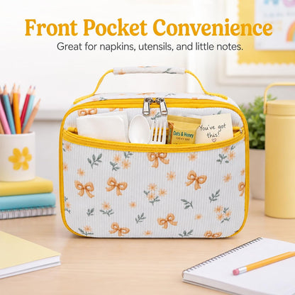 Kids Lunch Box - Insulated Reusable Lunch Box for Girls, Small Lightweight Water Resistant Snack Cooler Tote for Preschool, Kindergarten, School, Picnic and Hiking (Yellow Flower)