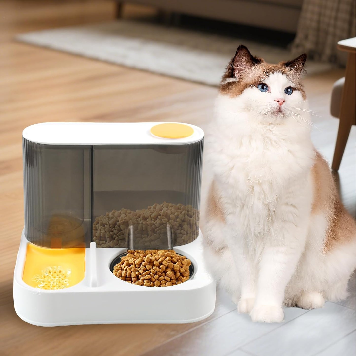 2 in 1 Automatic Cat Feeder and Water Dispenser Combo,All-in-One Dog Food and Water Dispenser Set with Stainless Steel Food Bowl Detachable Gravity Feeder for Cat Kitten Small Dog(Yellow)