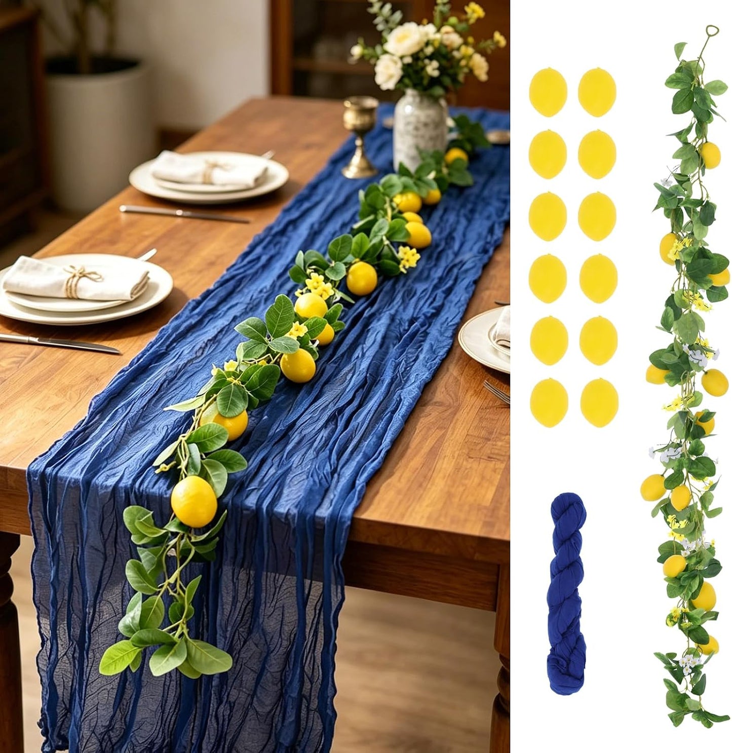 Amalfi Coast Party Decorations Mediterranean Table Decor, Capri Lemon Garland Royal Blue Cheesecloth Table Runner and Lemon Decorations for Capri Summer Wedding Birthday Party Decor
