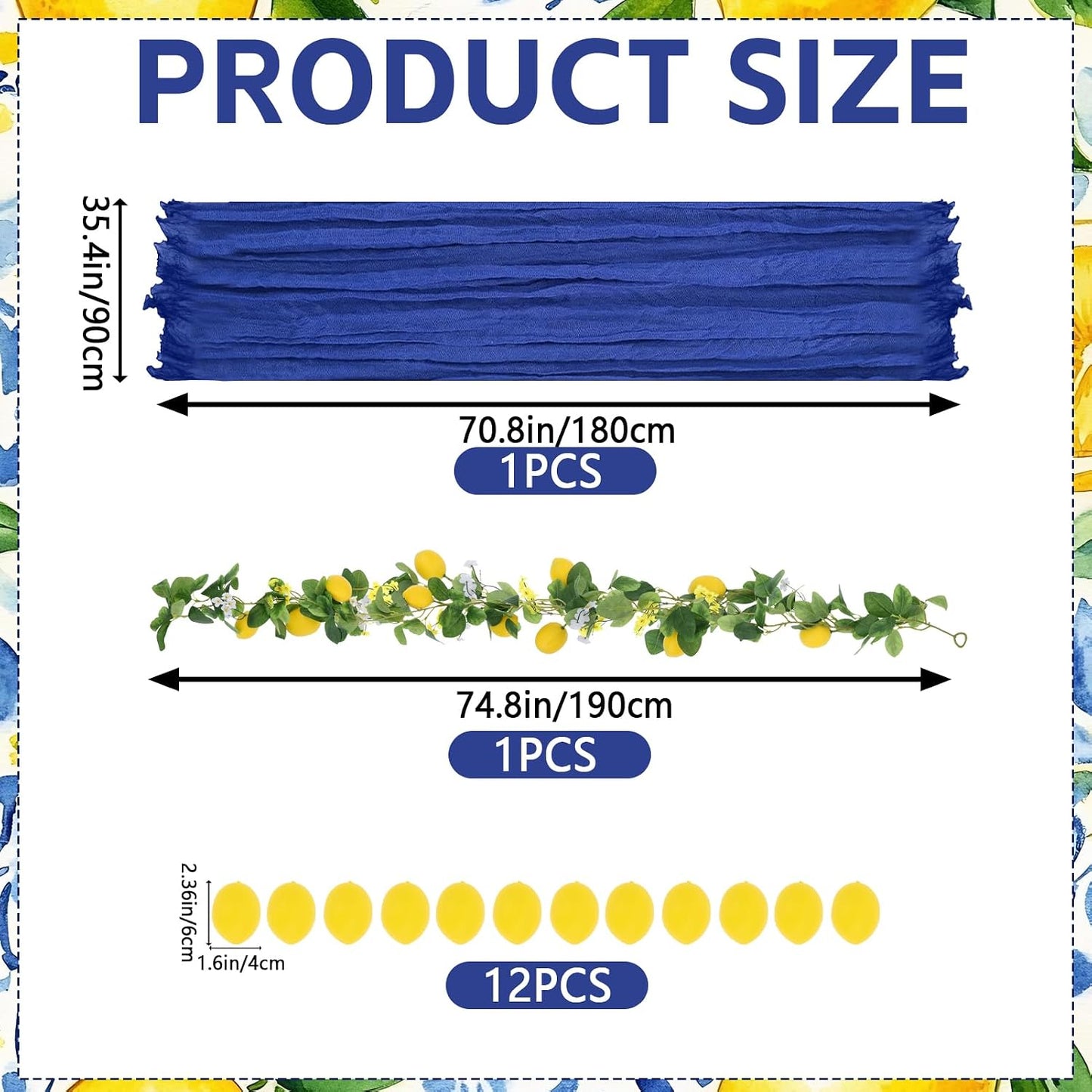Amalfi Coast Party Decorations Mediterranean Table Decor, Capri Lemon Garland Royal Blue Cheesecloth Table Runner and Lemon Decorations for Capri Summer Wedding Birthday Party Decor