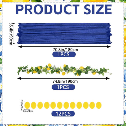 Amalfi Coast Party Decorations Mediterranean Table Decor, Capri Lemon Garland Royal Blue Cheesecloth Table Runner and Lemon Decorations for Capri Summer Wedding Birthday Party Decor
