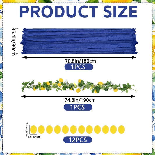 Amalfi Coast Party Decorations Mediterranean Table Decor, Capri Lemon Garland Royal Blue Cheesecloth Table Runner and Lemon Decorations for Capri Summer Wedding Birthday Party Decor