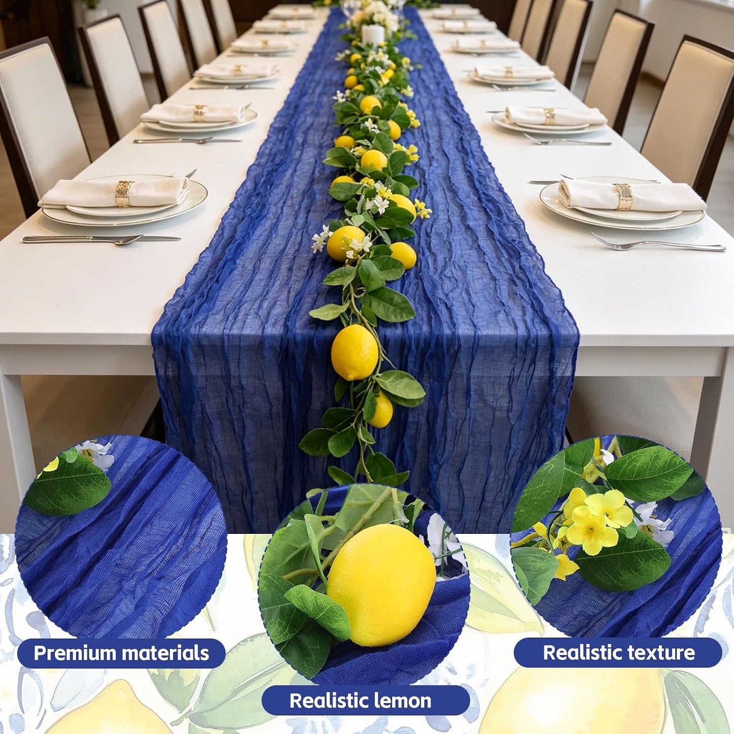 Amalfi Coast Party Decorations Mediterranean Table Decor, Capri Lemon Garland Royal Blue Cheesecloth Table Runner and Lemon Decorations for Capri Summer Wedding Birthday Party Decor