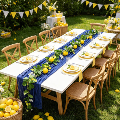Amalfi Coast Party Decorations Mediterranean Table Decor, Capri Lemon Garland Royal Blue Cheesecloth Table Runner and Lemon Decorations for Capri Summer Wedding Birthday Party Decor