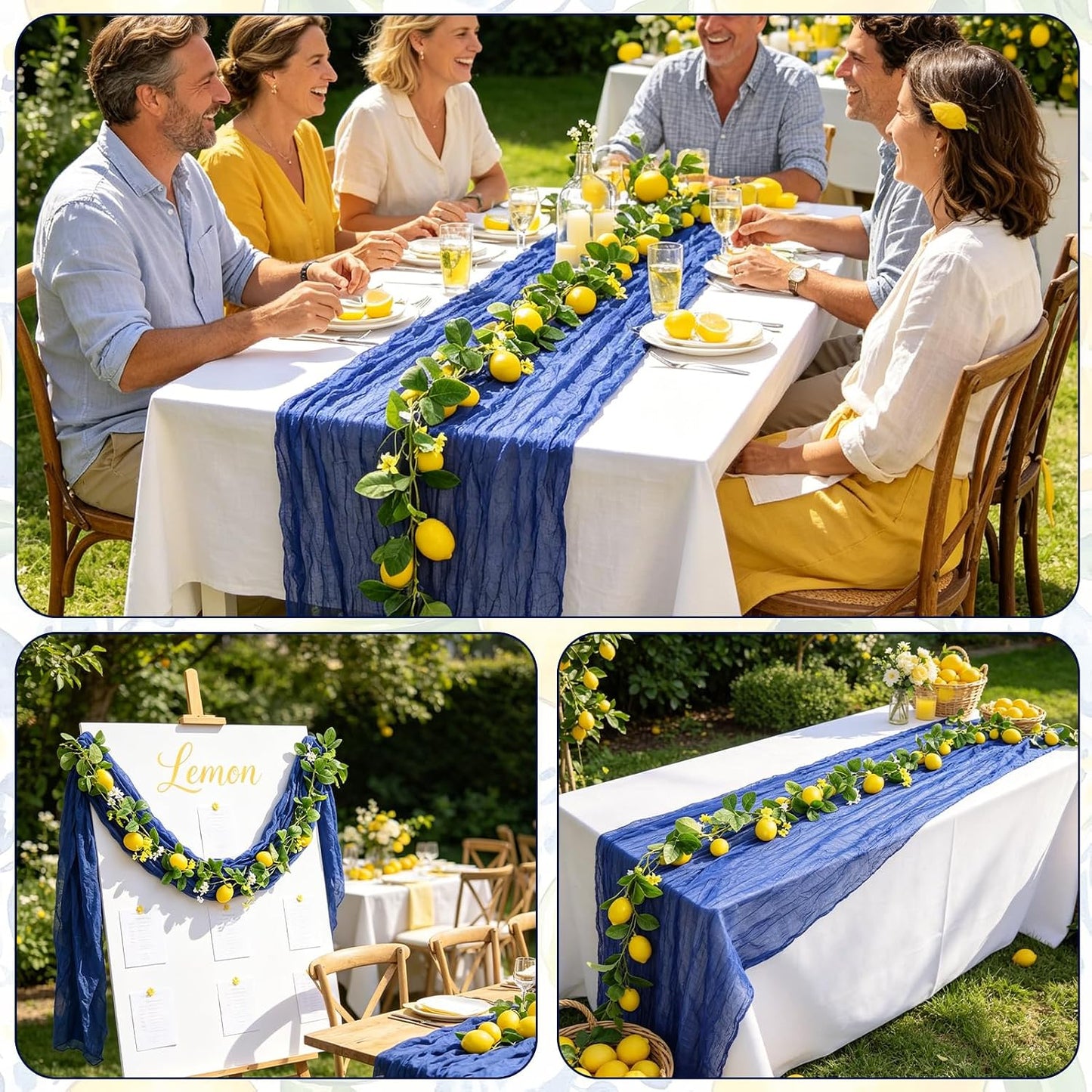 Amalfi Coast Party Decorations Mediterranean Table Decor, Capri Lemon Garland Royal Blue Cheesecloth Table Runner and Lemon Decorations for Capri Summer Wedding Birthday Party Decor