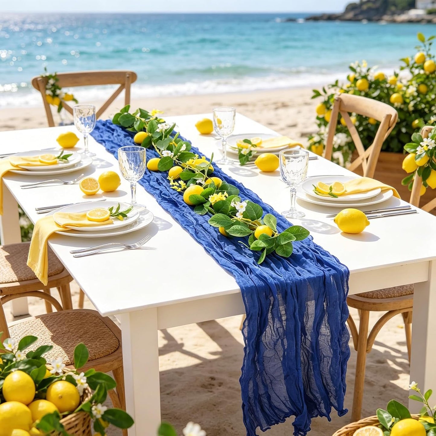Amalfi Coast Party Decorations Mediterranean Table Decor, Capri Lemon Garland Royal Blue Cheesecloth Table Runner and Lemon Decorations for Capri Summer Wedding Birthday Party Decor
