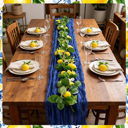 Amalfi Coast Party Decorations Mediterranean Table Decor, Capri Lemon Garland Royal Blue Cheesecloth Table Runner and Lemon Decorations for Capri Summer Wedding Birthday Party Decor