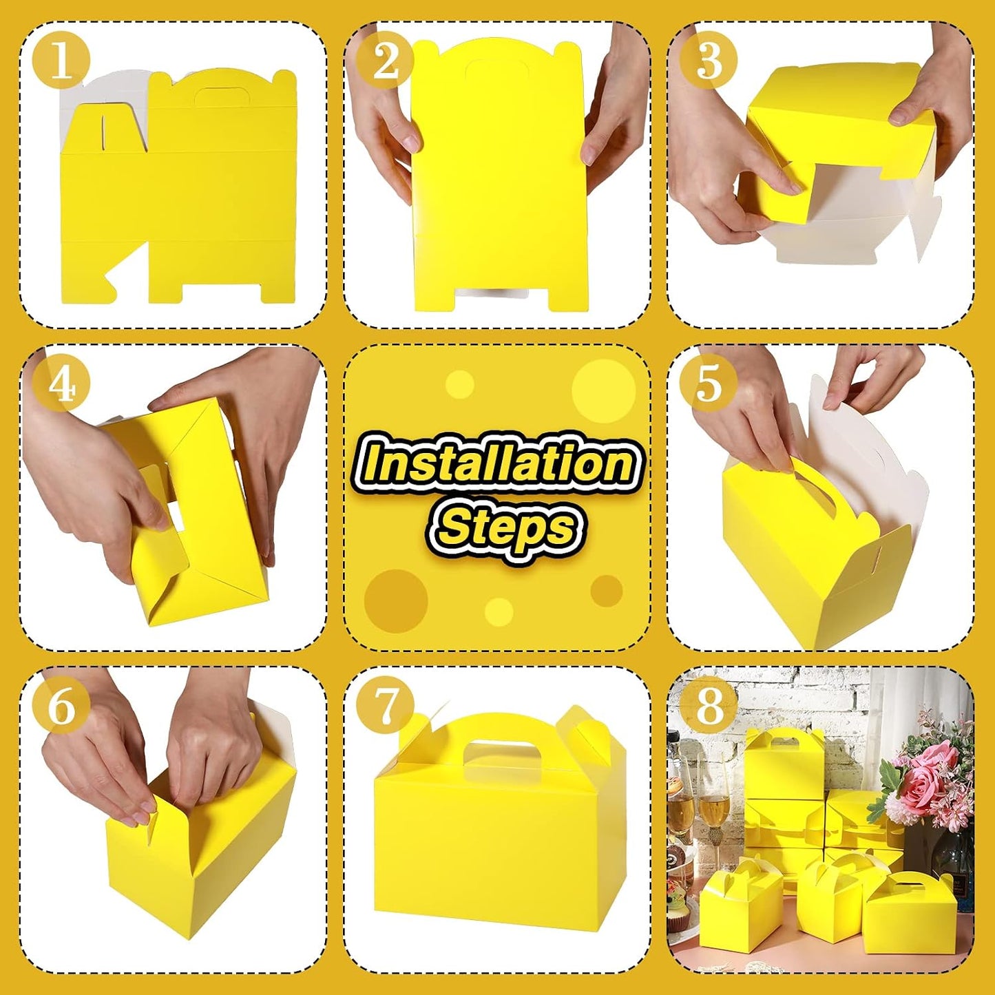36 Pcs Party Favor Treat Boxes, Goodie Candy Gable Paper Gift Boxes with Handles for Birthday Wedding Shower Christmas Party Supplies, 6 x 3.5 x 3.5 Inches(Yellow)