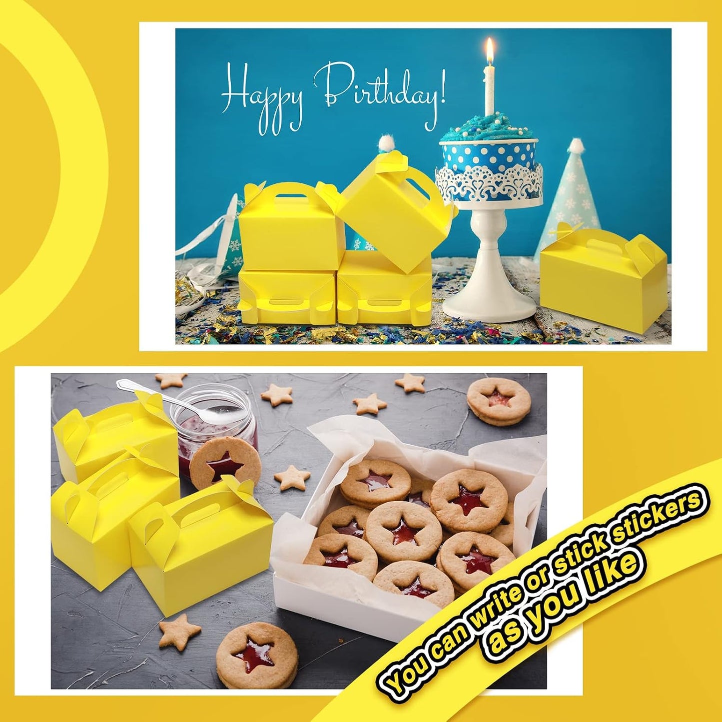36 Pcs Party Favor Treat Boxes, Goodie Candy Gable Paper Gift Boxes with Handles for Birthday Wedding Shower Christmas Party Supplies, 6 x 3.5 x 3.5 Inches(Yellow)