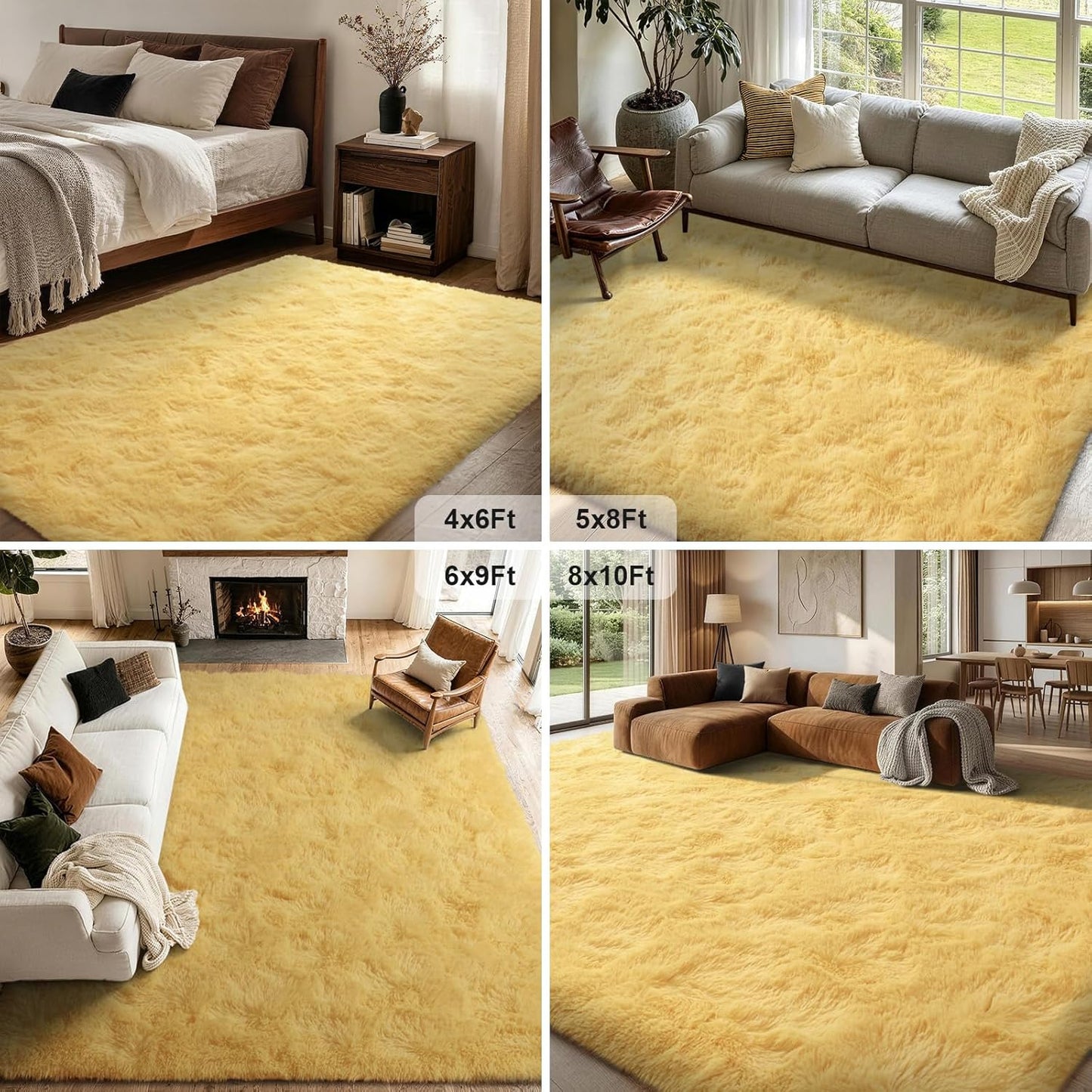 FinRèc 6x9 Feet Yellow Rugs for Living Room Bedroom, Soft Fluffy Shaggy Area Rug, Non-Slip Fuzzy Furry Shag Rug for Nursery Kids Room Dorm Room Home Decor, Indoor Plush Floor Carpet