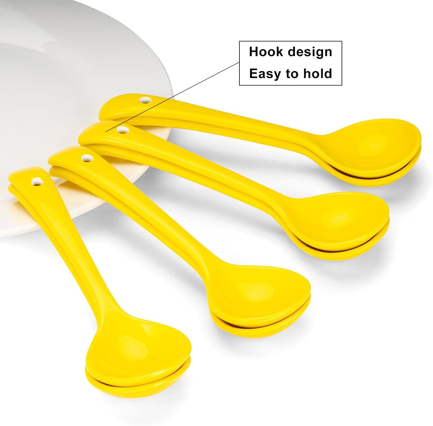 Ceramic Spoons Set of 8, Ceramic Chinese Soup Spoon, Asian Soup Spoons, Yellow Japanese Spoon Large for Ramen Pho Wonton Dumpling Miso, Deep Oval Hook Design (8, Yellow)