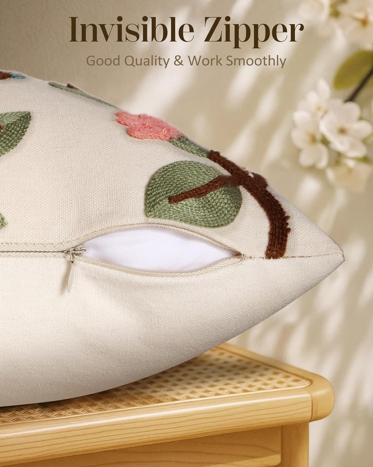 Embroidered Throw Pillow Cover 18x18 Inch - Spring Summer Boho Decorative Pillow Cover with Zipper for Living Room Couch Sofa Bed Aesthetic Design Bird Lemon Cushion Pillowcase