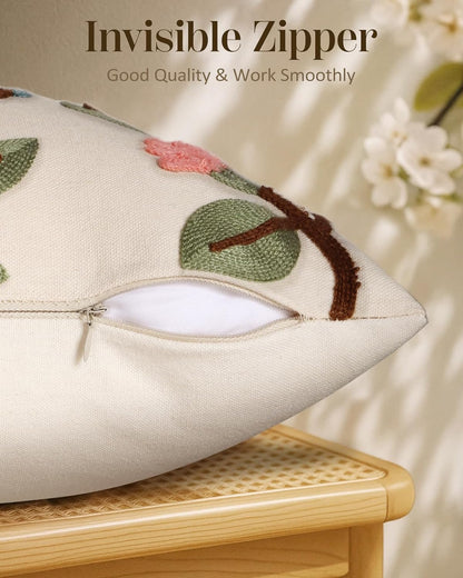 Embroidered Throw Pillow Cover 18x18 Inch - Spring Summer Boho Decorative Pillow Cover with Zipper for Living Room Couch Sofa Bed Aesthetic Design Bird Lemon Cushion Pillowcase