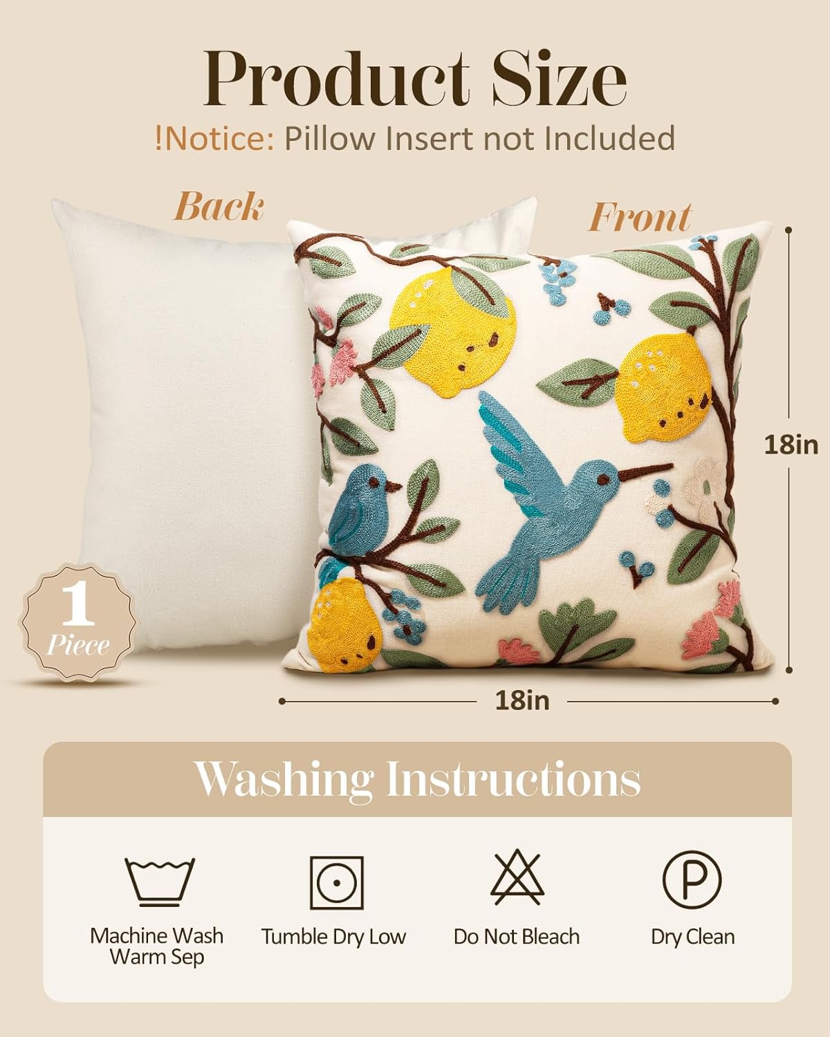 Embroidered Throw Pillow Cover 18x18 Inch - Spring Summer Boho Decorative Pillow Cover with Zipper for Living Room Couch Sofa Bed Aesthetic Design Bird Lemon Cushion Pillowcase