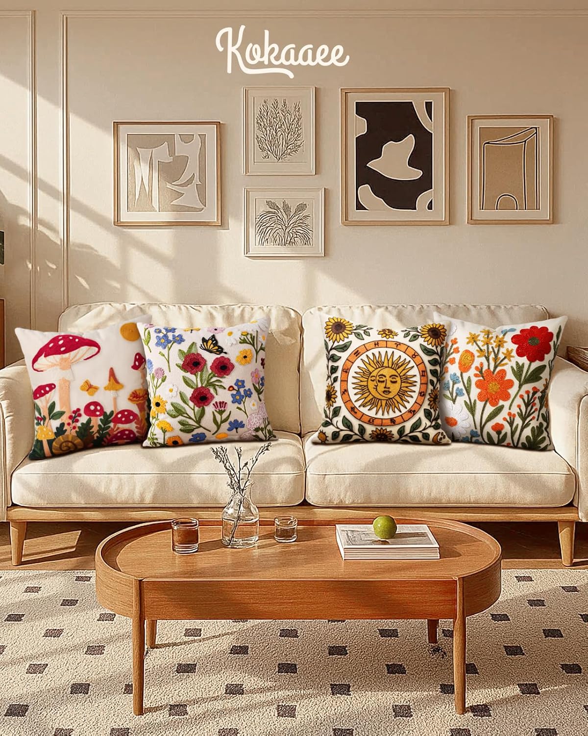 Embroidered Throw Pillow Cover 18x18 Inch - Spring Summer Boho Decorative Pillow Cover with Zipper for Living Room Couch Sofa Bed Aesthetic Design Bird Lemon Cushion Pillowcase