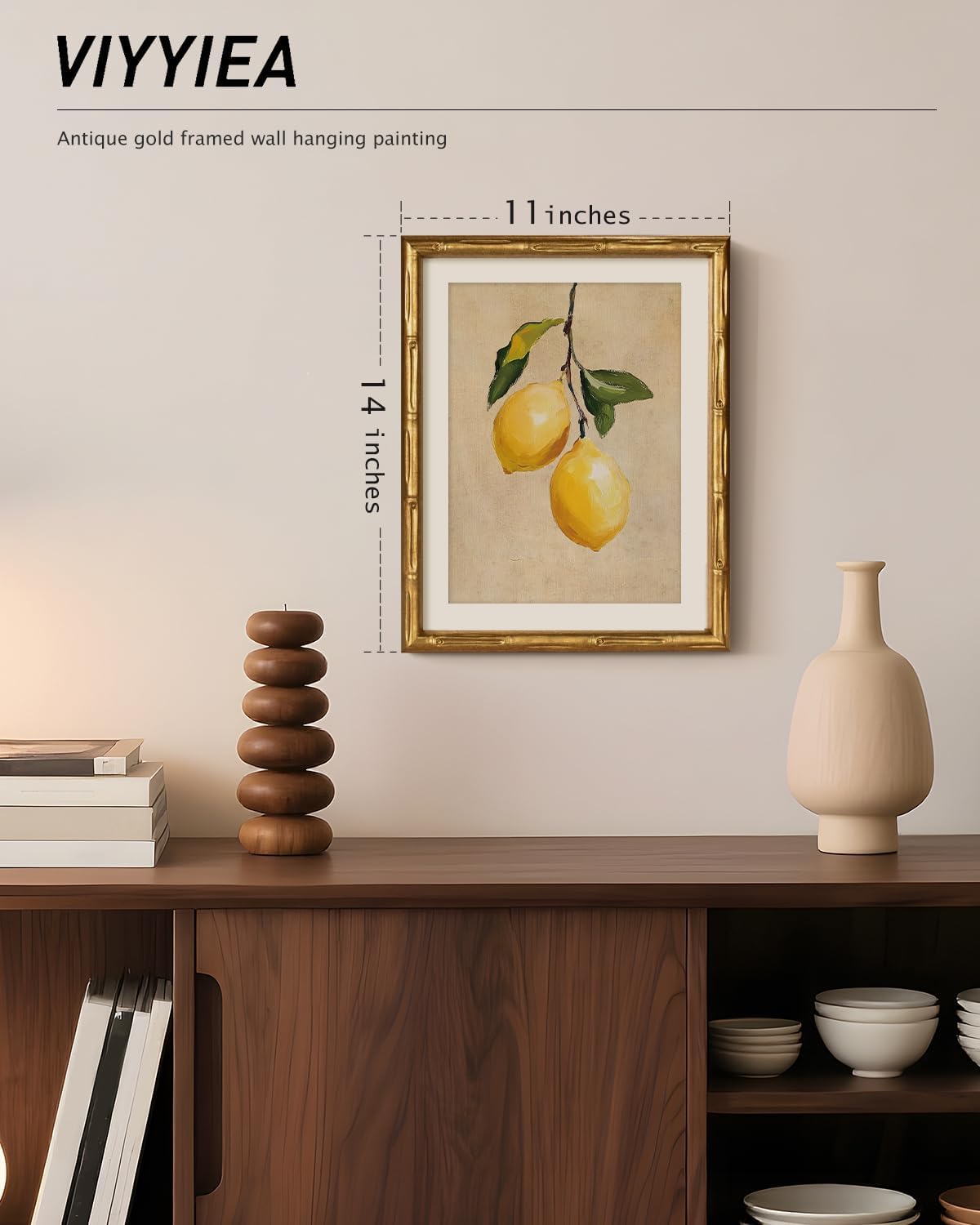 VIYYIEA Bamboo Detail Design Gold Framed Wall Art, Lemon Gold Framed Vintage Bamboo Style Wall Art for Living Room, Canvas Picture Print Painting, 11 x 14 Inch
