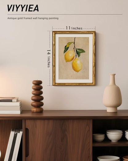 VIYYIEA Bamboo Detail Design Gold Framed Wall Art, Lemon Gold Framed Vintage Bamboo Style Wall Art for Living Room, Canvas Picture Print Painting, 11 x 14 Inch