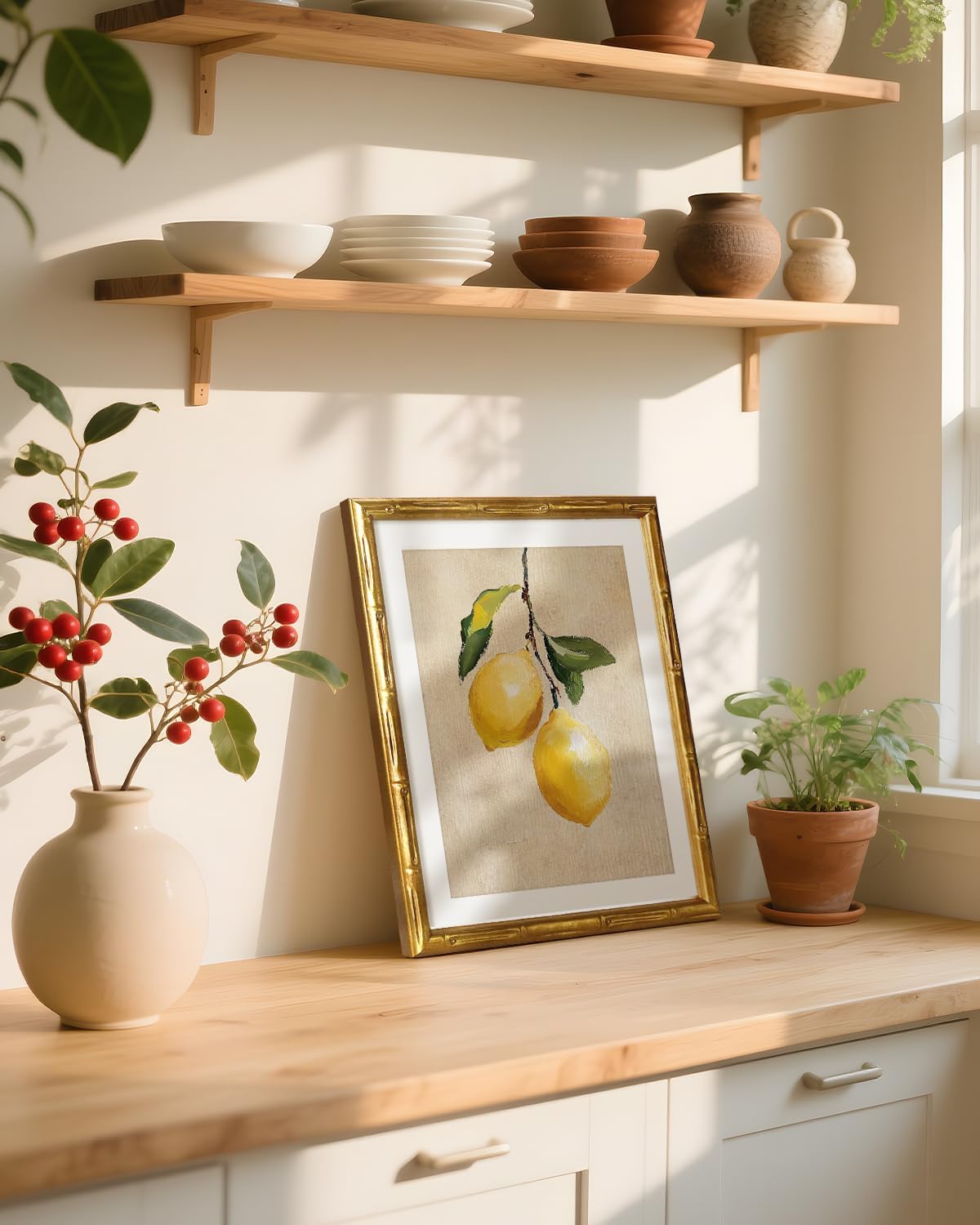 VIYYIEA Bamboo Detail Design Gold Framed Wall Art, Lemon Gold Framed Vintage Bamboo Style Wall Art for Living Room, Canvas Picture Print Painting, 11 x 14 Inch