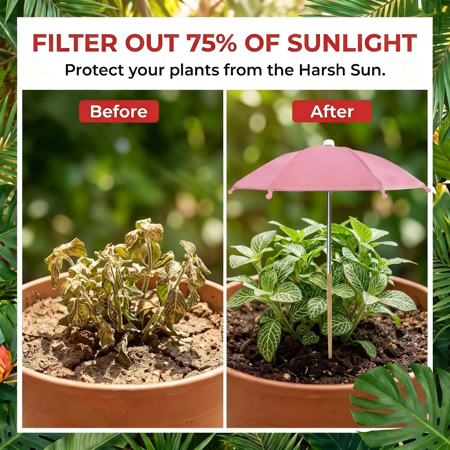 Small Mini Umbrella for Plants, Stake-into-Soil Plant Sun Shade Protector, Foldable Parasol for Potted Succulents & Flowers, Green