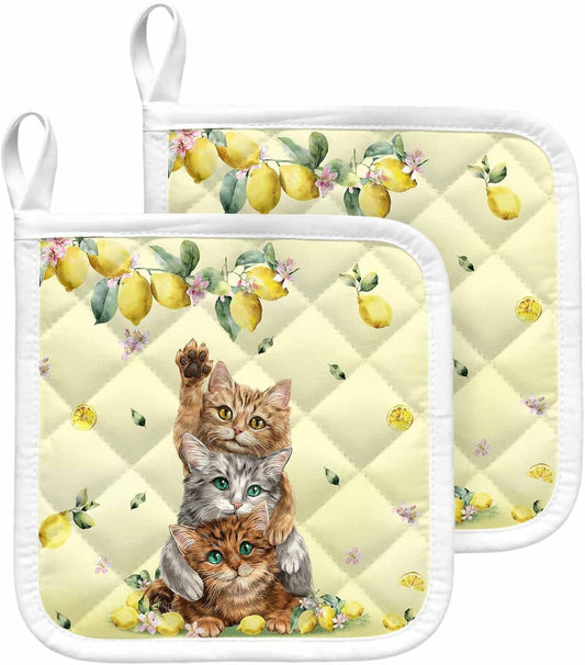 Lemons Cats Pot Holders for Kitchen, Summer Rustic Botanical Fruits Yellow Pot Holder with Loop Trivet Heat Insulation Oven Mitts Hot Pads, Washable Potholders for Cooking Baking 2 Pack