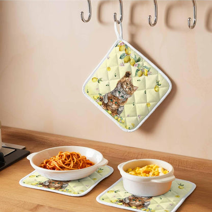 Lemons Cats Pot Holders for Kitchen, Summer Rustic Botanical Fruits Yellow Pot Holder with Loop Trivet Heat Insulation Oven Mitts Hot Pads, Washable Potholders for Cooking Baking 2 Pack