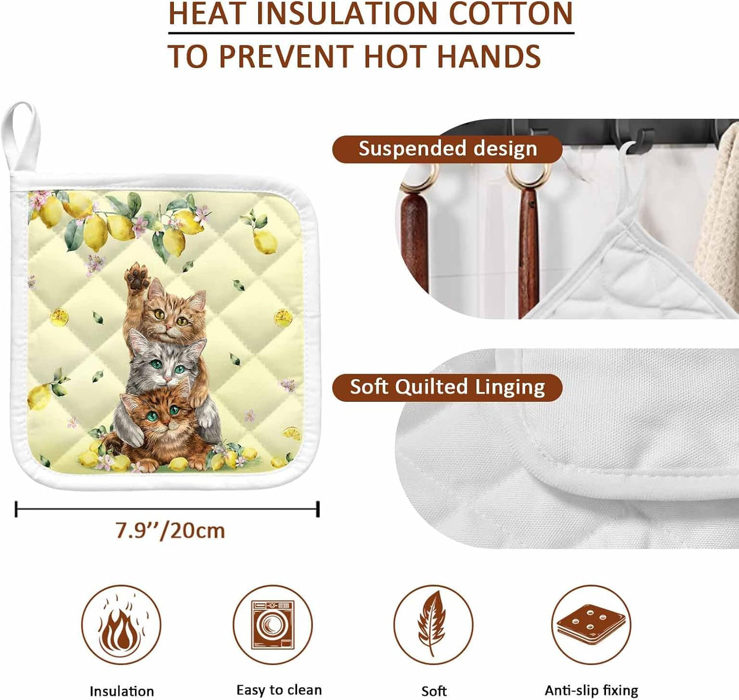 Lemons Cats Pot Holders for Kitchen, Summer Rustic Botanical Fruits Yellow Pot Holder with Loop Trivet Heat Insulation Oven Mitts Hot Pads, Washable Potholders for Cooking Baking 2 Pack
