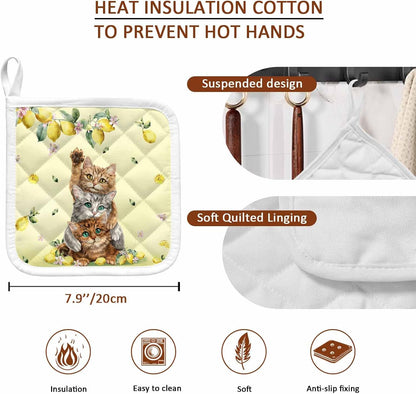 Lemons Cats Pot Holders for Kitchen, Summer Rustic Botanical Fruits Yellow Pot Holder with Loop Trivet Heat Insulation Oven Mitts Hot Pads, Washable Potholders for Cooking Baking 2 Pack