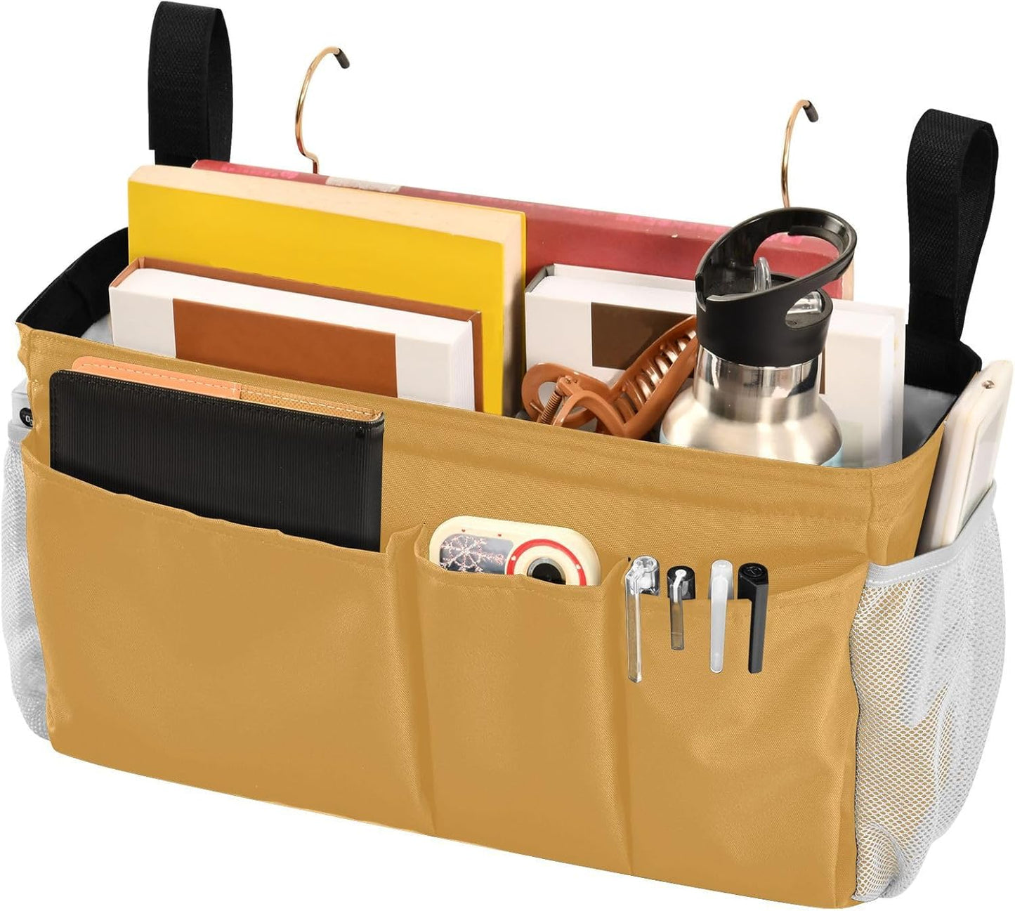 Mustard Yellow Bedside Caddy Storage Bag Bedside Organizer for Bunk Bed Headboards College Hanging Bag Bedside Shelf 6 Pockets with Hooks for Magazine Water Bottle Holder