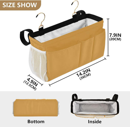 Mustard Yellow Bedside Caddy Storage Bag Bedside Organizer for Bunk Bed Headboards College Hanging Bag Bedside Shelf 6 Pockets with Hooks for Magazine Water Bottle Holder