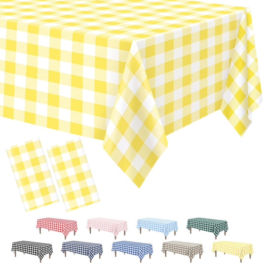 2 Pack Yellow Gingham Tablecloth, 54 x 108 Inches Yellow and White Checkered Tablecloths Plastic Table Cloth Disposable Picnic Tablecovers for Rectangle Table