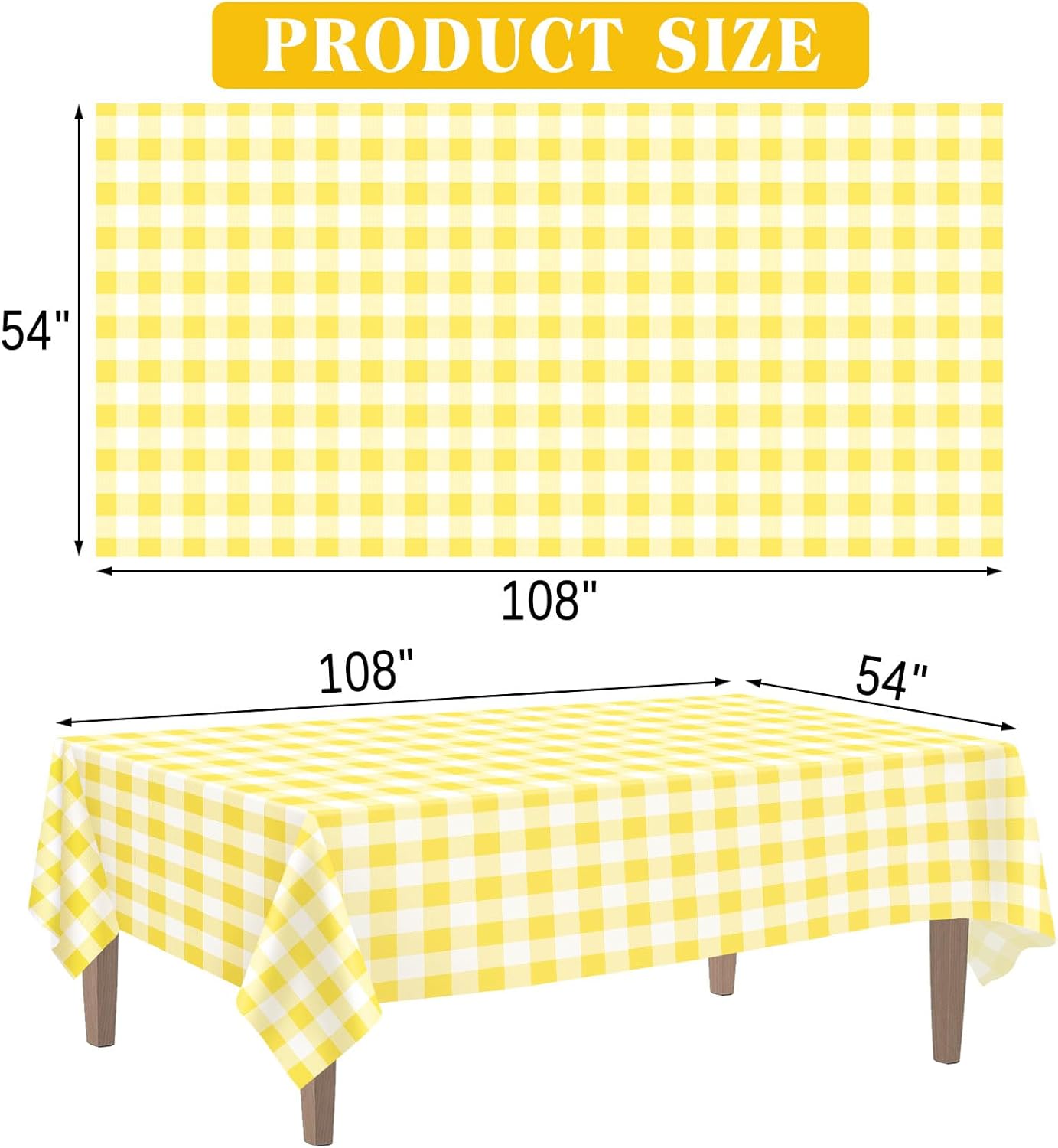 2 Pack Yellow Gingham Tablecloth, 54 x 108 Inches Yellow and White Checkered Tablecloths Plastic Table Cloth Disposable Picnic Tablecovers for Rectangle Table