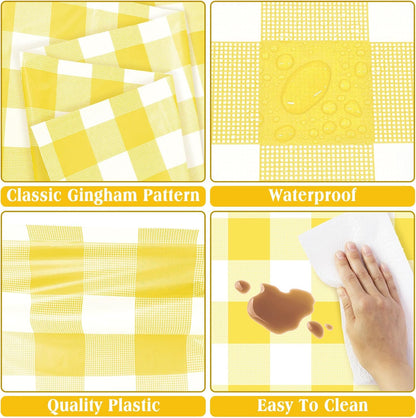 2 Pack Yellow Gingham Tablecloth, 54 x 108 Inches Yellow and White Checkered Tablecloths Plastic Table Cloth Disposable Picnic Tablecovers for Rectangle Table