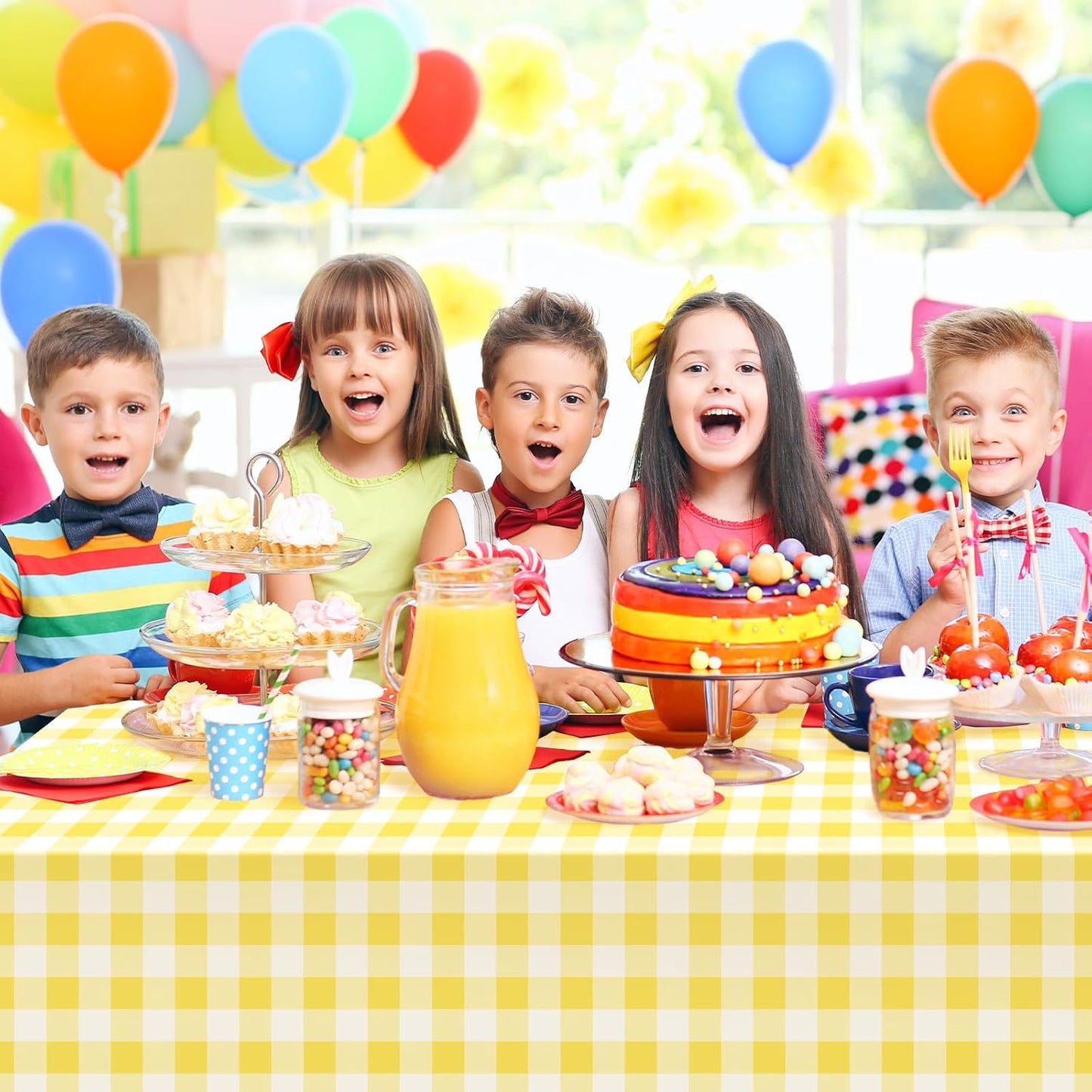 2 Pack Yellow Gingham Tablecloth, 54 x 108 Inches Yellow and White Checkered Tablecloths Plastic Table Cloth Disposable Picnic Tablecovers for Rectangle Table