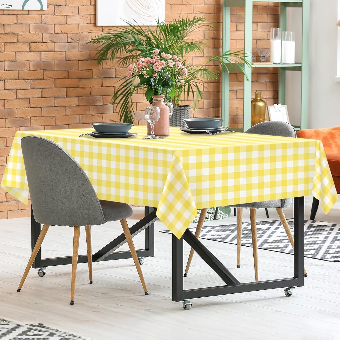 2 Pack Yellow Gingham Tablecloth, 54 x 108 Inches Yellow and White Checkered Tablecloths Plastic Table Cloth Disposable Picnic Tablecovers for Rectangle Table