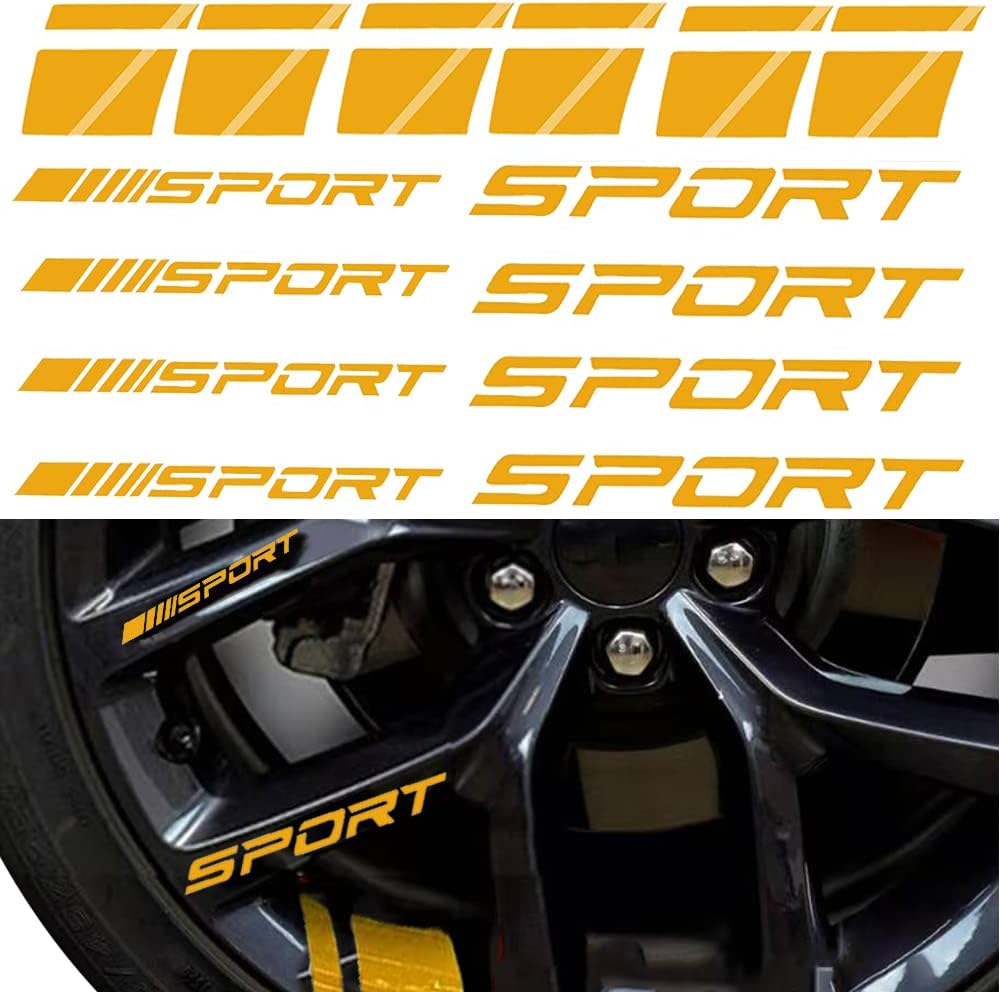Pincuttee 14pcs Car Decal Stickers,Wheel Rim Decal Sticker,Sport Logo Reflective Stickers,Sport Emblem Car Rear Bumper Sticker,Rear Mirror Decals for All Vehicles(Yellow,14PCS)