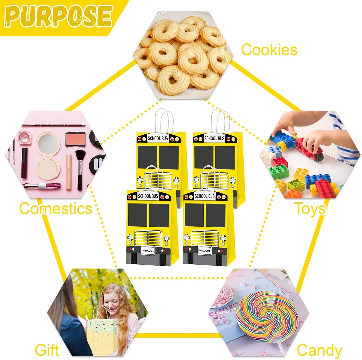 24Pcs School Bus Goodie Bag School Bus Gift Snacks Candy Party Favors Bags with Handles Yellow School Bus Party Treat Bags for Kids Welcome Back to School Birthday Baby Shower Supplies