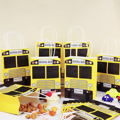 24Pcs School Bus Goodie Bag School Bus Gift Snacks Candy Party Favors Bags with Handles Yellow School Bus Party Treat Bags for Kids Welcome Back to School Birthday Baby Shower Supplies