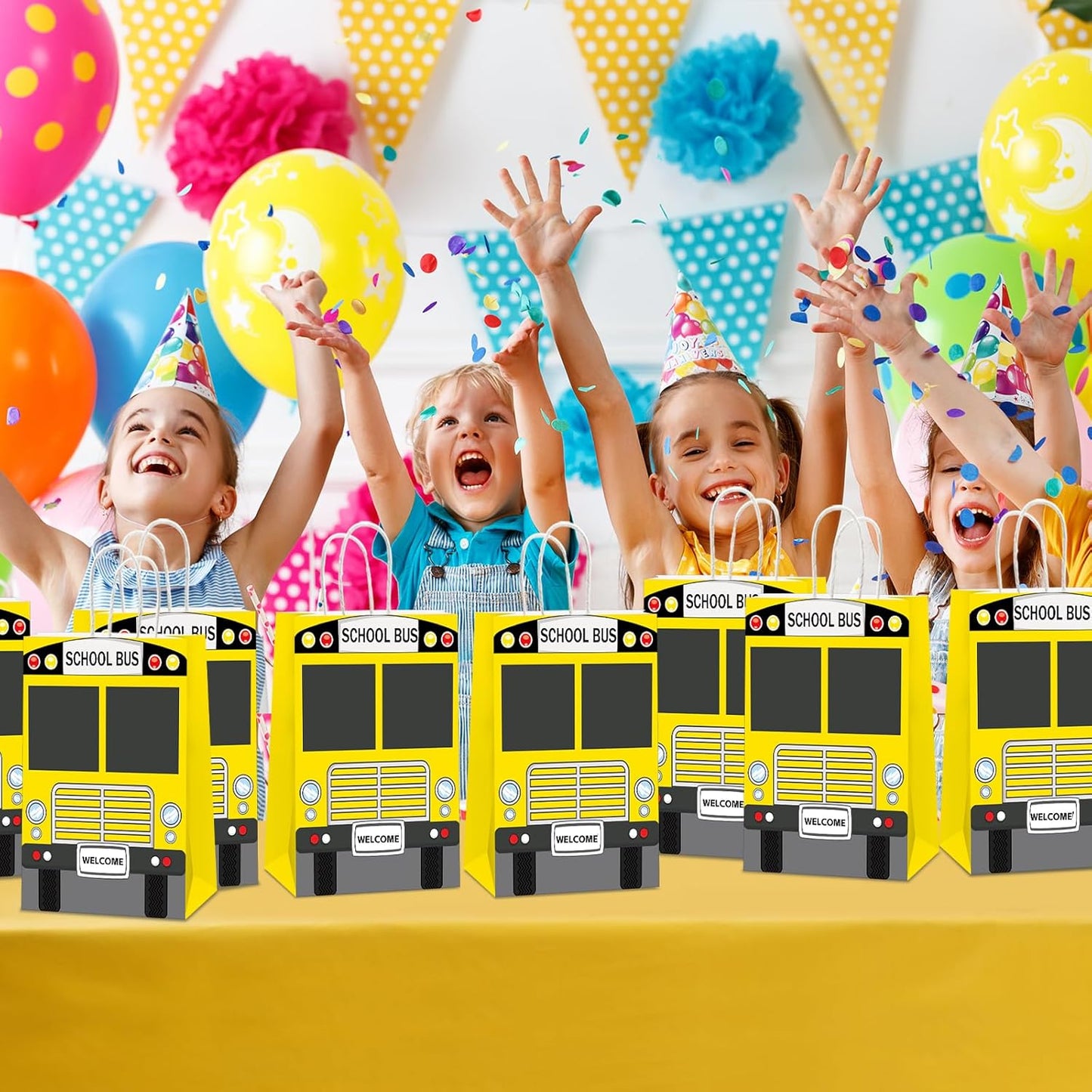24Pcs School Bus Goodie Bag School Bus Gift Snacks Candy Party Favors Bags with Handles Yellow School Bus Party Treat Bags for Kids Welcome Back to School Birthday Baby Shower Supplies