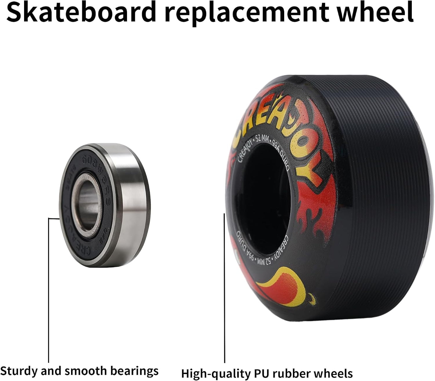 Skateboard Wheels 52mm 99A PU with Bearings, 4 Pack for Skate Park & Street | High Rebound PU Hard Wheels, Pre-mounted 608 Bearings, Durable for Flip Tricks, Standard Fit All Skate Decks