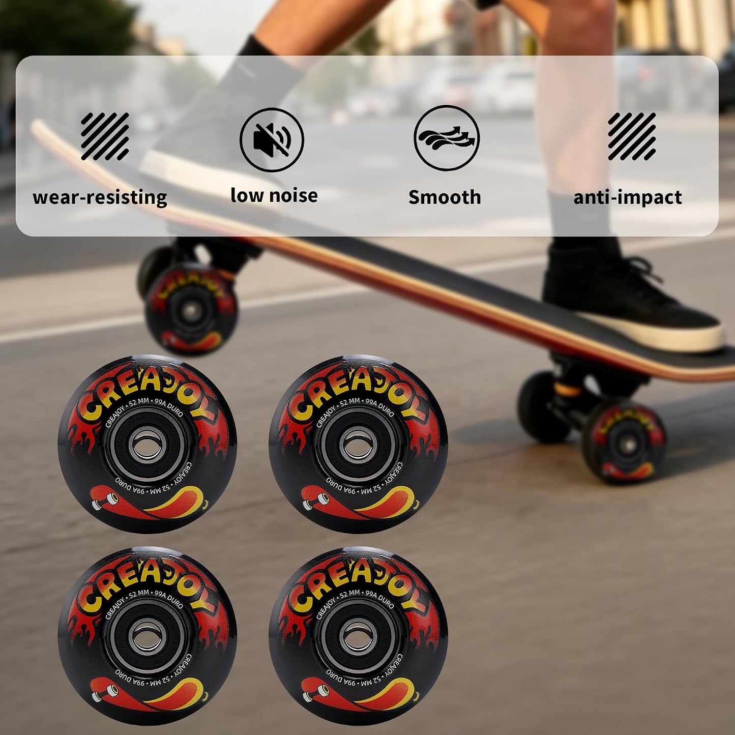 Skateboard Wheels 52mm 99A PU with Bearings, 4 Pack for Skate Park & Street | High Rebound PU Hard Wheels, Pre-mounted 608 Bearings, Durable for Flip Tricks, Standard Fit All Skate Decks