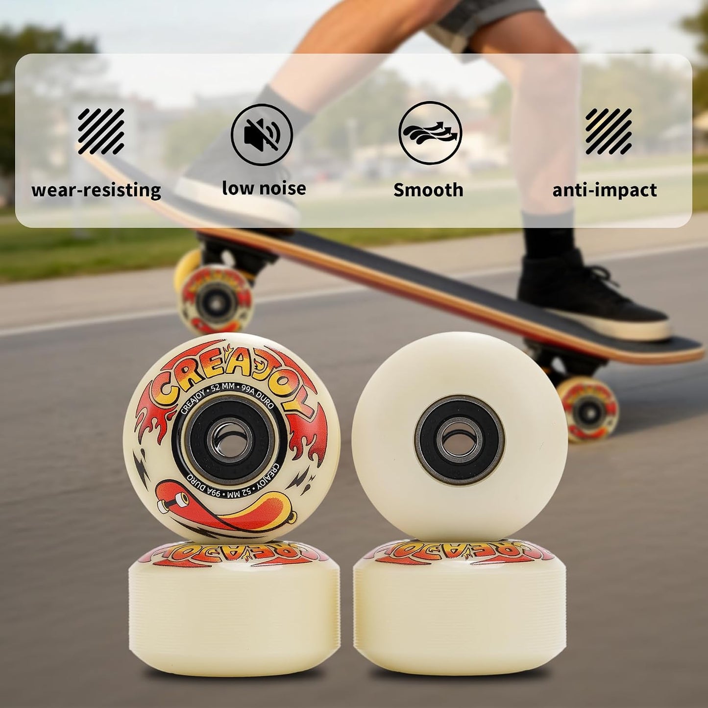 Skateboard Wheels 52mm 99A PU with Bearings, 4 Pack for Skate Park & Street | High Rebound PU Hard Wheels, Pre-mounted 608 Bearings, Durable for Flip Tricks, Standard Fit All Skate Decks