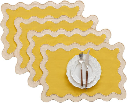 Set of 4,13"x19" Cotton Table Placemats with Wavy edge, Machine Washable Table Mats for Dining table, Boho Scalloped Embroidered Placemats for Restaurant Kitchen, Table Decor(Butter yellow)