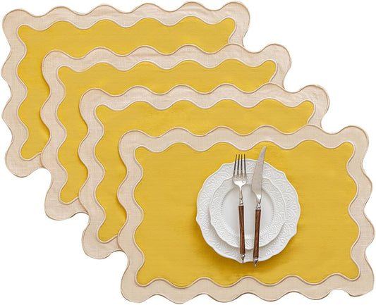 Set of 4,13"x19" Cotton Table Placemats with Wavy edge, Machine Washable Table Mats for Dining table, Boho Scalloped Embroidered Placemats for Restaurant Kitchen, Table Decor(Butter yellow)