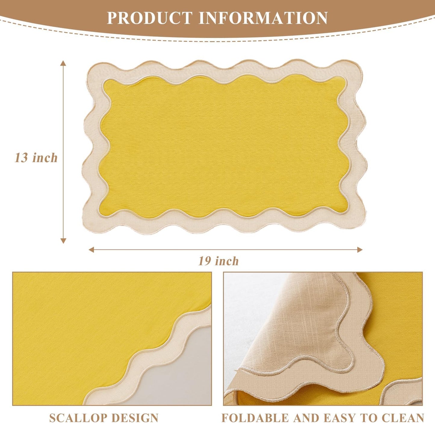 Set of 4,13"x19" Cotton Table Placemats with Wavy edge, Machine Washable Table Mats for Dining table, Boho Scalloped Embroidered Placemats for Restaurant Kitchen, Table Decor(Butter yellow)