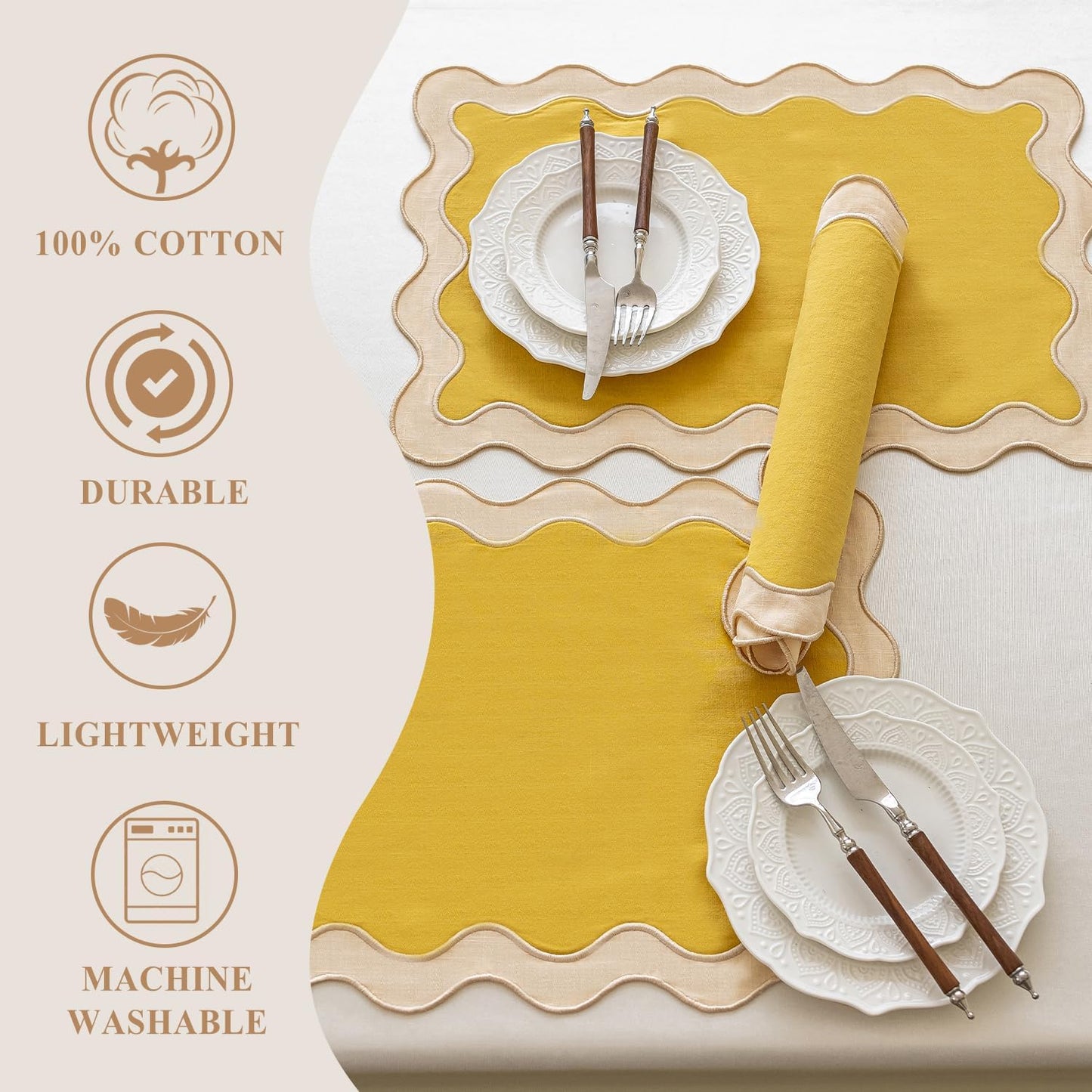 Set of 4,13"x19" Cotton Table Placemats with Wavy edge, Machine Washable Table Mats for Dining table, Boho Scalloped Embroidered Placemats for Restaurant Kitchen, Table Decor(Butter yellow)