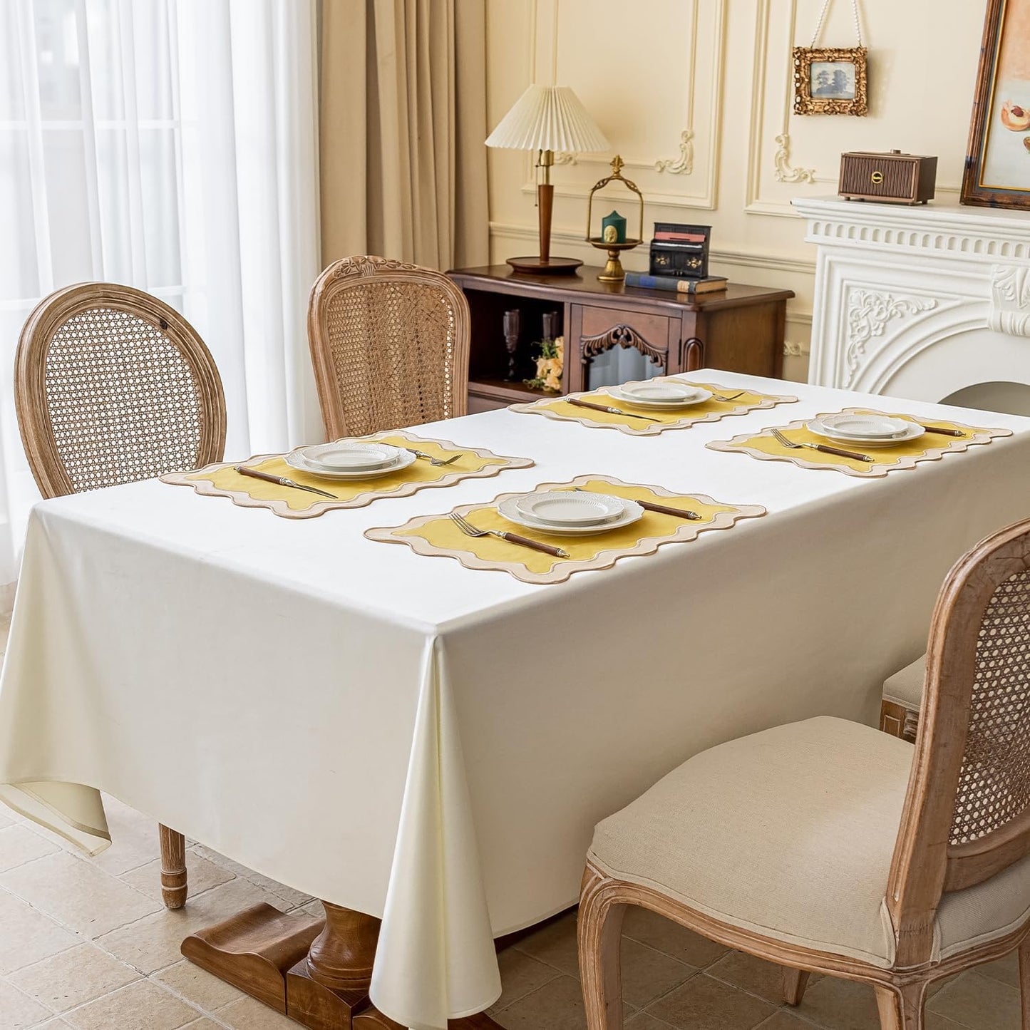 Set of 4,13"x19" Cotton Table Placemats with Wavy edge, Machine Washable Table Mats for Dining table, Boho Scalloped Embroidered Placemats for Restaurant Kitchen, Table Decor(Butter yellow)