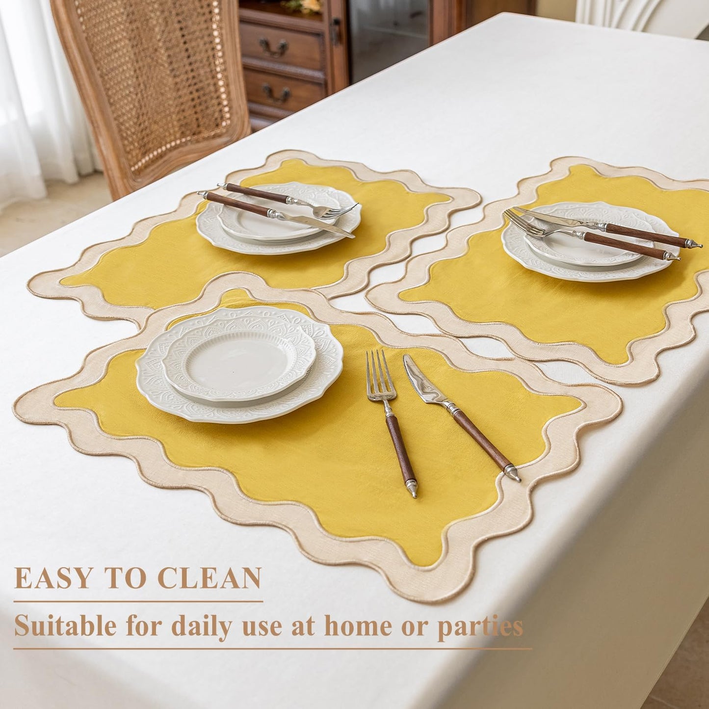 Set of 4,13"x19" Cotton Table Placemats with Wavy edge, Machine Washable Table Mats for Dining table, Boho Scalloped Embroidered Placemats for Restaurant Kitchen, Table Decor(Butter yellow)