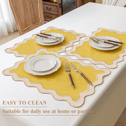Set of 4,13"x19" Cotton Table Placemats with Wavy edge, Machine Washable Table Mats for Dining table, Boho Scalloped Embroidered Placemats for Restaurant Kitchen, Table Decor(Butter yellow)