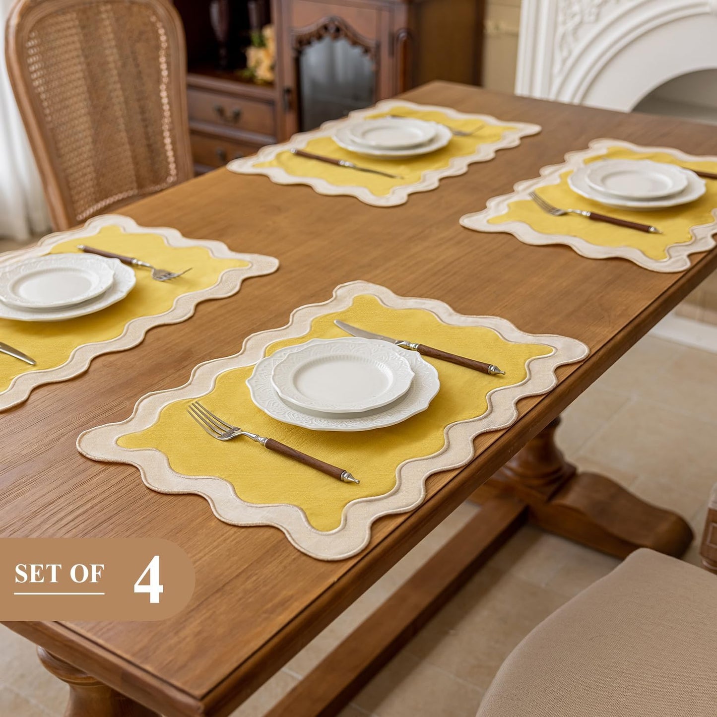 Set of 4,13"x19" Cotton Table Placemats with Wavy edge, Machine Washable Table Mats for Dining table, Boho Scalloped Embroidered Placemats for Restaurant Kitchen, Table Decor(Butter yellow)