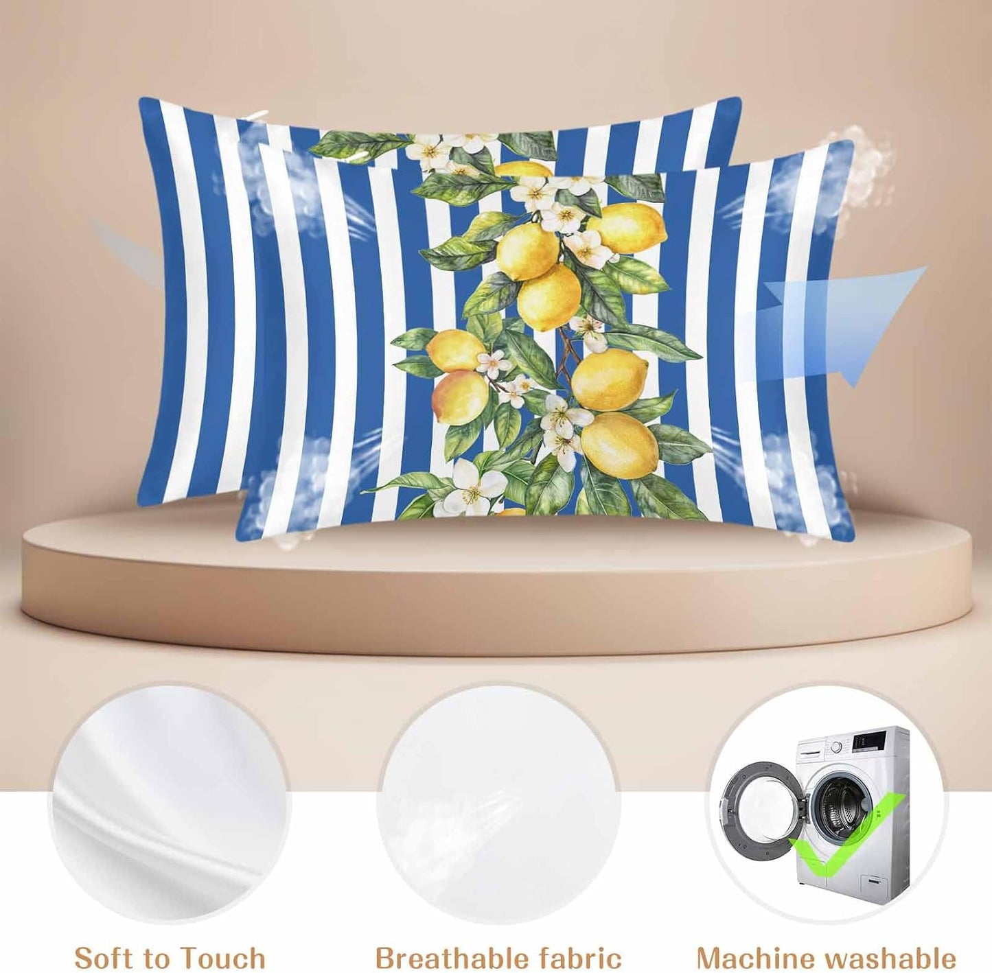 Yellow Lemon Floral Standard Pillowcase Set of 2, Blue Stripe Satin Pillow Case Cover with Smooth Hidden Zipper Closure, Soft Throw Pillow Covers Cases for Home Decoration 20 X 26 Inches